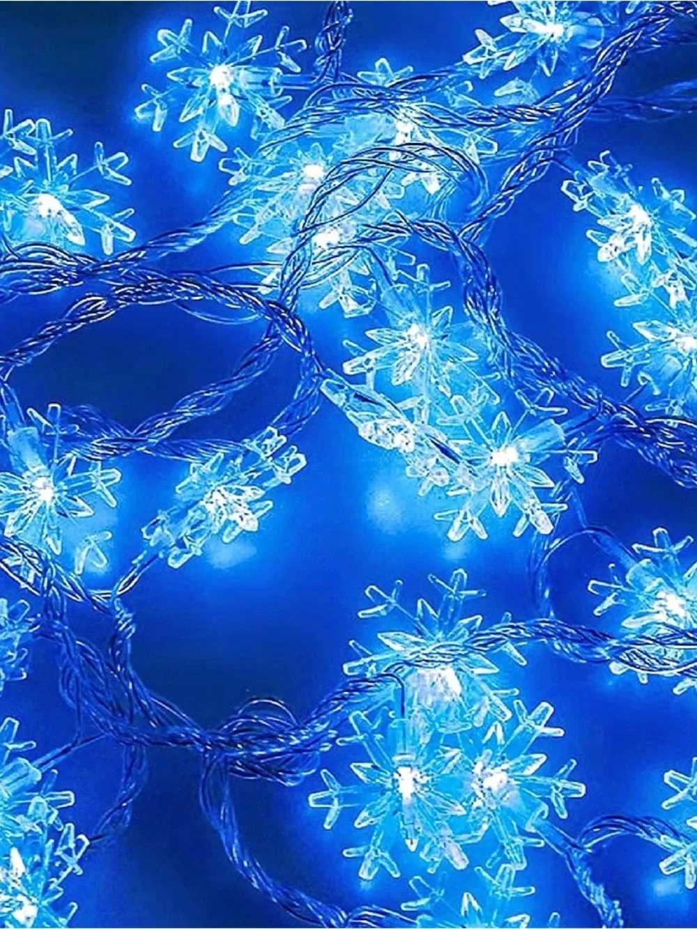 10Ft Long Blue Snowflake Light Strand. Solid or Flashing Blue. Battery Operated